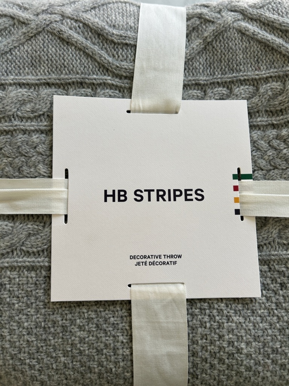 NWT - GORGEOUS - HBC Stripes Cable-knit Lambswool Throw - Light Gray Knit